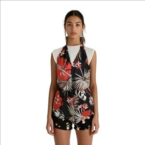 Dynamite | vneck halter romper one piece | small | black red hibiscus dress